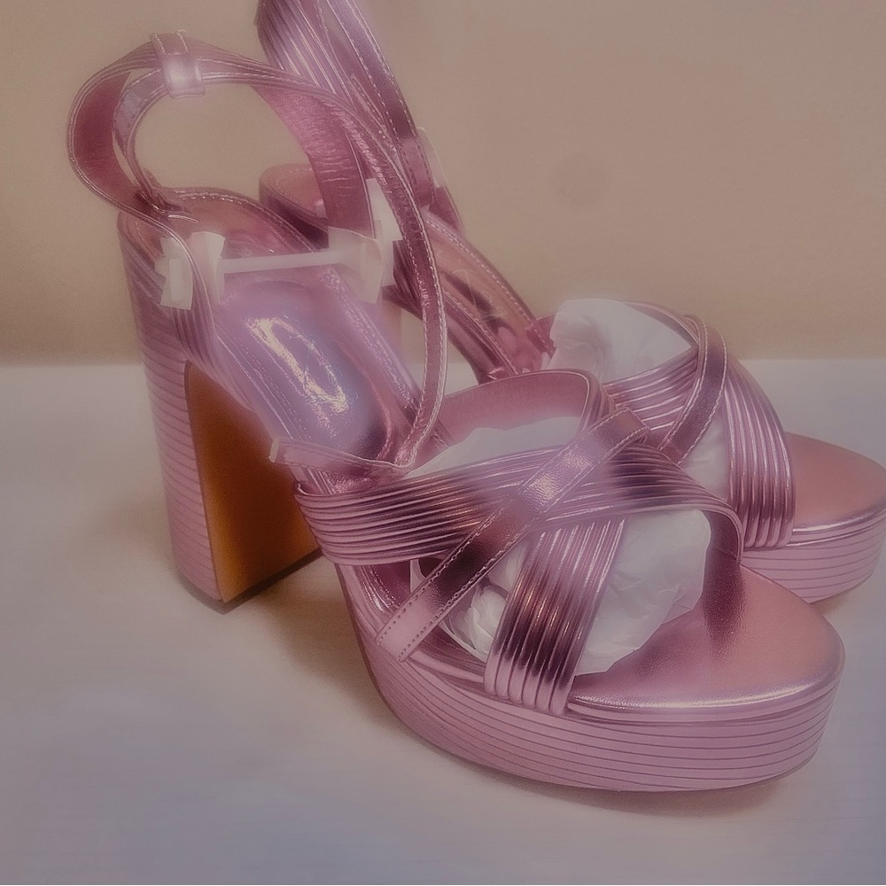 London Rag Socialite Sandal Chic Metallic Pink Platform Ankle Strap Heels - Picture 6 of 11